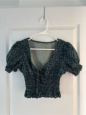 Women's Deep Teal Polka Dot Smocked Crop Top